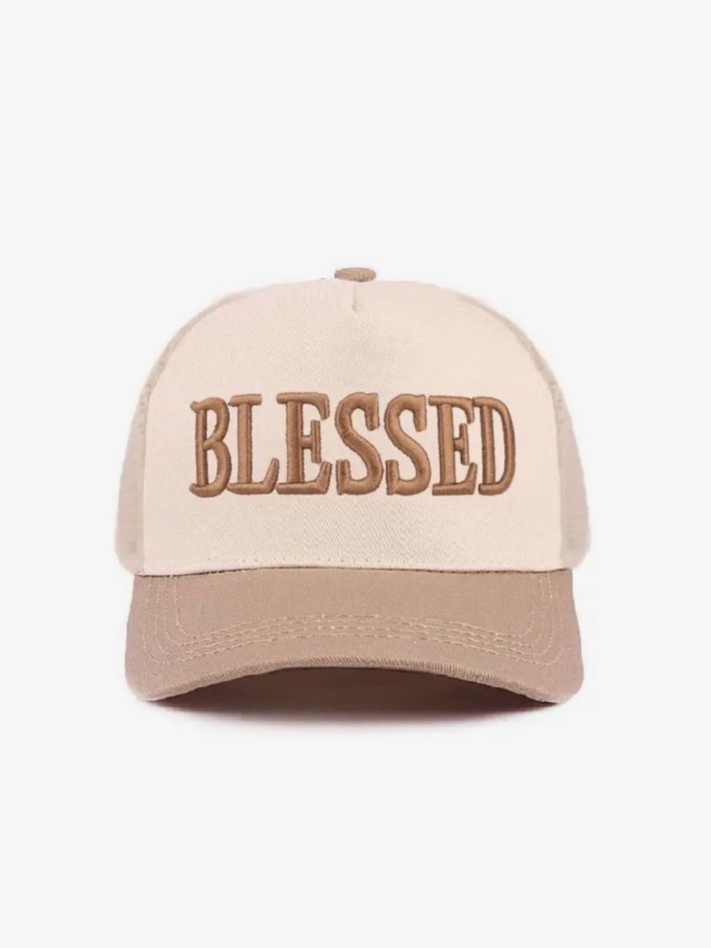 Zenana Outfitters 'BLESSED' Embroidered Trucker Hat in Beige and Tan